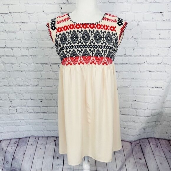 Edme & Esyllte Petra Cream with Blue & Red Aztec Embroidery A-Line Swing Dress - Picture 2 of 10